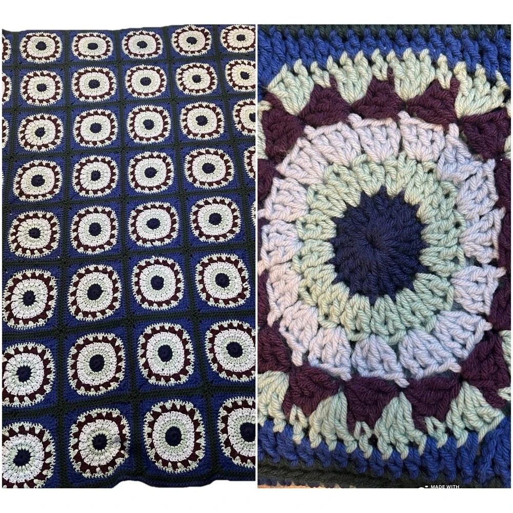 Vintage Crochet Granny Square Afghan Blanket Handmade Throw 86x62 Retro 70s HUGE